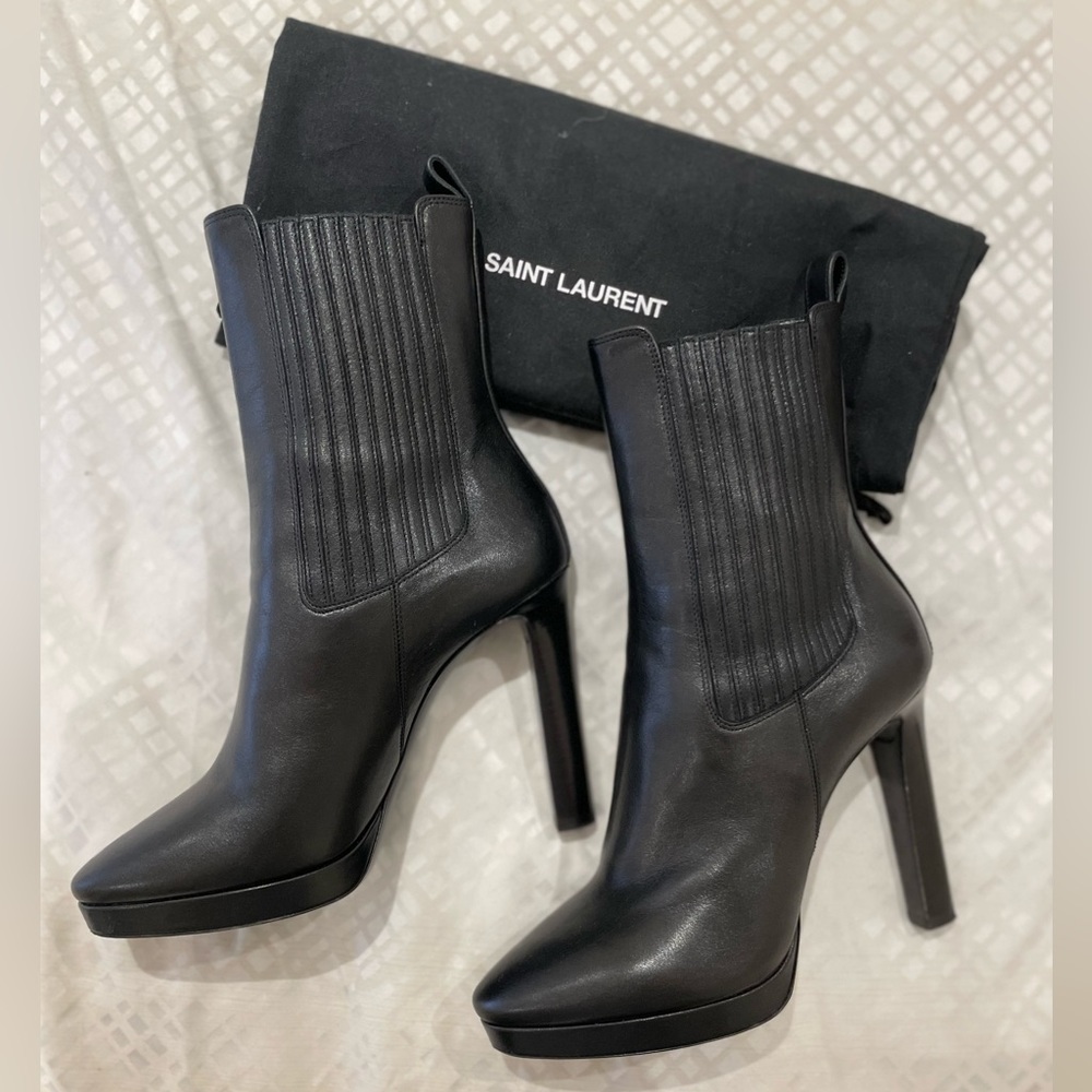 Authentic Saint Laurent Leather Mid-Calf Western Boots, Black, Includes Dust Bag